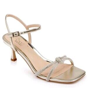 Sz 8 - Jewel Badgley Mischka Maci Metallic Sandal w/ Rhinestone Knot Gold
